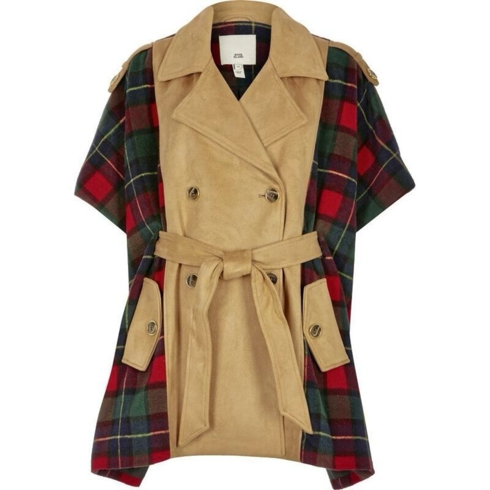River Island Women’s Beige Plaid Belted Double Breasted Cape Trench Coat Size 4